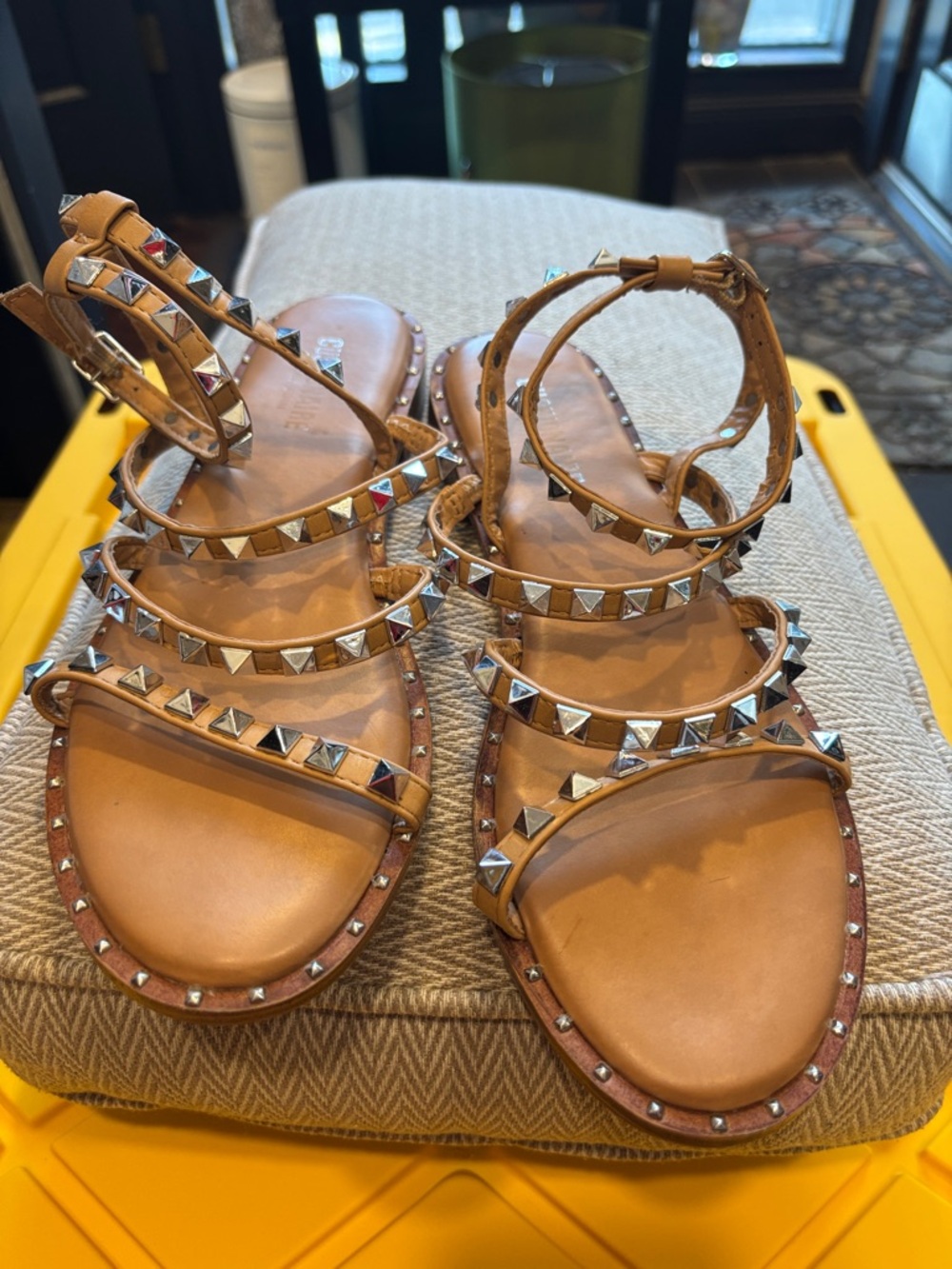 Studded Ankle-Strap Sandals in Tan with Silver Accents